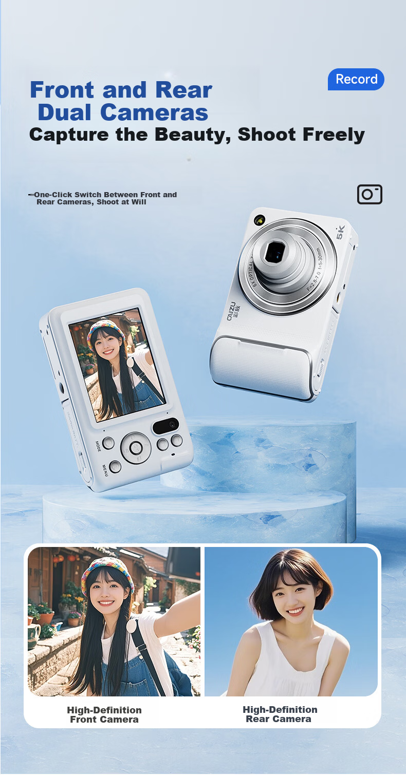 CAIZU Z42 Digital Camera, 96 Megapixels, Dual Front And Rear Cameras, Optical Zoom with Inward-Extending Lens, 5K Video Beauty Alternative CCD Card Camera, Gift for Boys And Girls 9