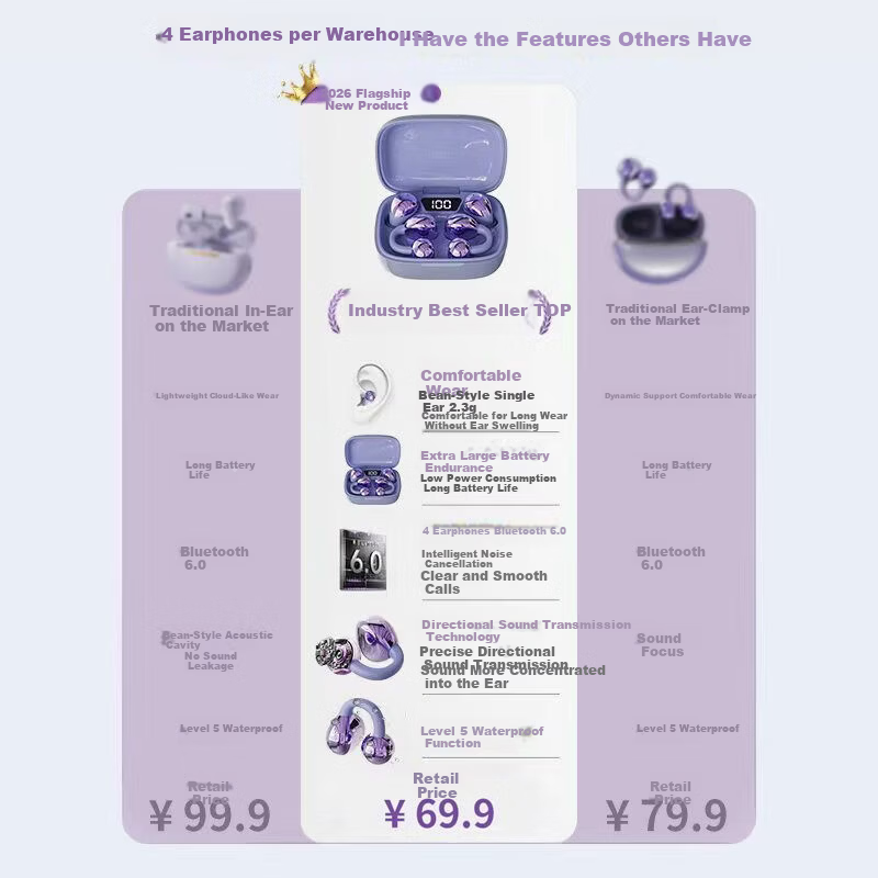 Haiyinlv Q30 [4 Earphones + Exquisite Earrings] 2026 New Clip-On Sleep Wireless Bluetooth Earphones Long Battery Life High-Quality Sound Sports Running Low Latency Universal Skin Color 4