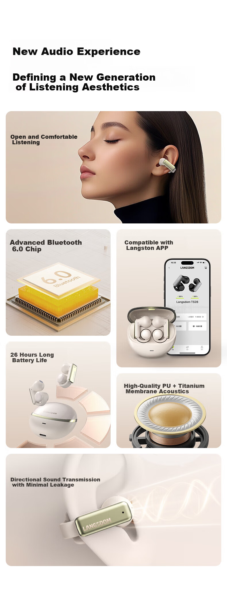 Langston Bluetooth Earphones TS28 Bone Conduction Clip-On Wireless Open-Ear Non-In-Ear Beige 2