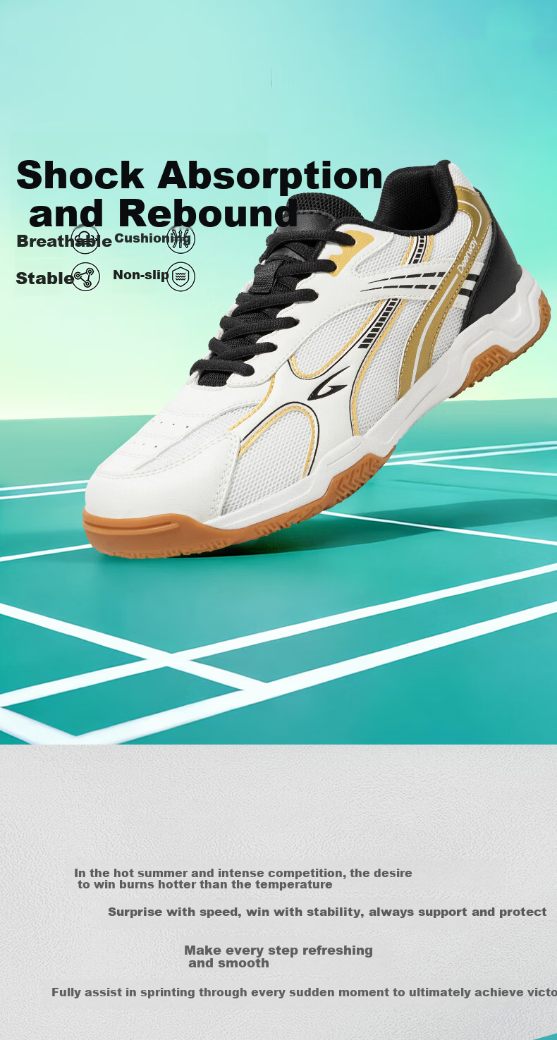 DEERWAY Badminton Shoes for Men And Women, Shock-Absorbing Comfortable Wear-Resistant Stable Support Competition Training Sports Shoes White Black Gold Size 35 3