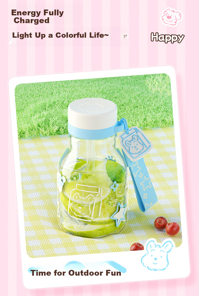 HAERS Glass Cup High-Value Summer Straw Cup for Girls Student Desktop Water Cup Heat-Resistant Suitable for Boiling Water Blue 570ml 7