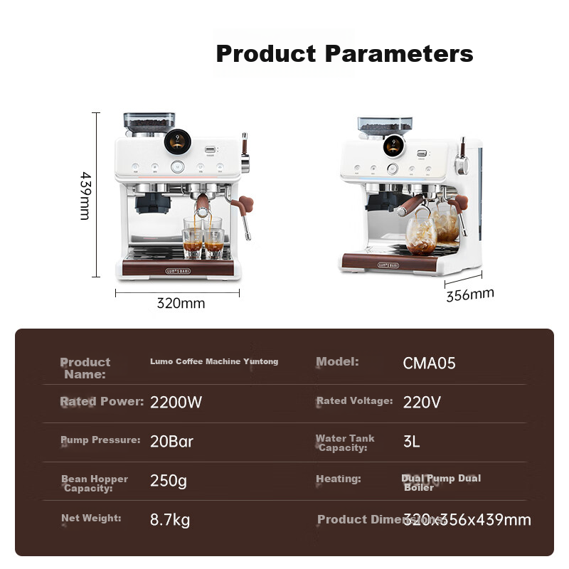 Lumo Cloud Eye Hot and Cold Dual Extraction Coffee Machine Home Mike Small Smart LCD Screen Dual Heating Semi-Automatic Italian Grinder Integrated Milk Frother Espresso Americano Coffee Maker