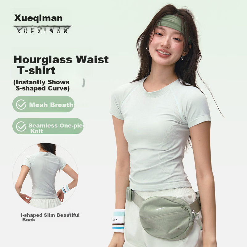 Xueqiman Women's Yoga Short Sleeve Summer Quick-Dry Slim Fit Stretch Sports Top Pilates Running T-Shirt