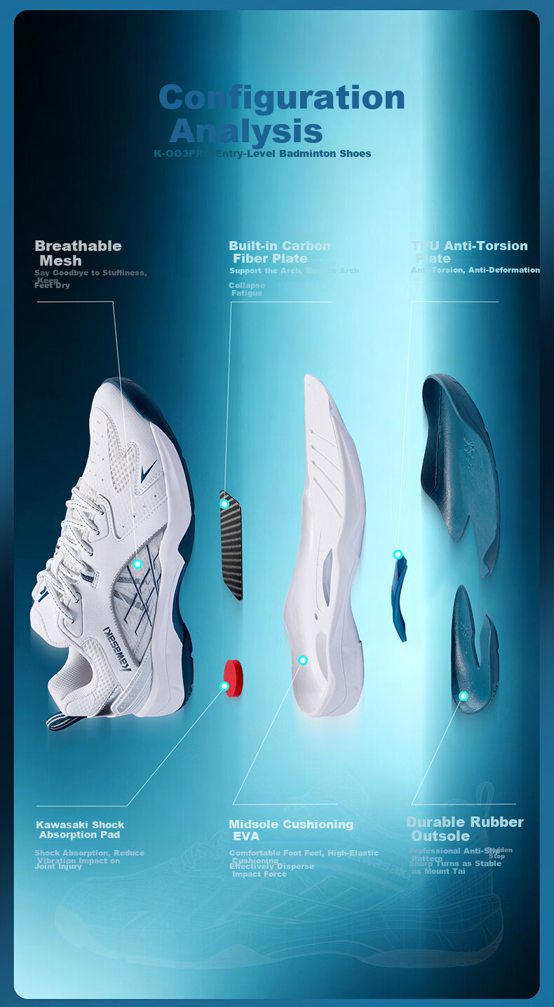 KAWASAKI Badminton Shoes, Non-Slip And Wear-Resistant, Unisex Sports Training Shoes K-003 Pro, White And Yellow, Size 43 3