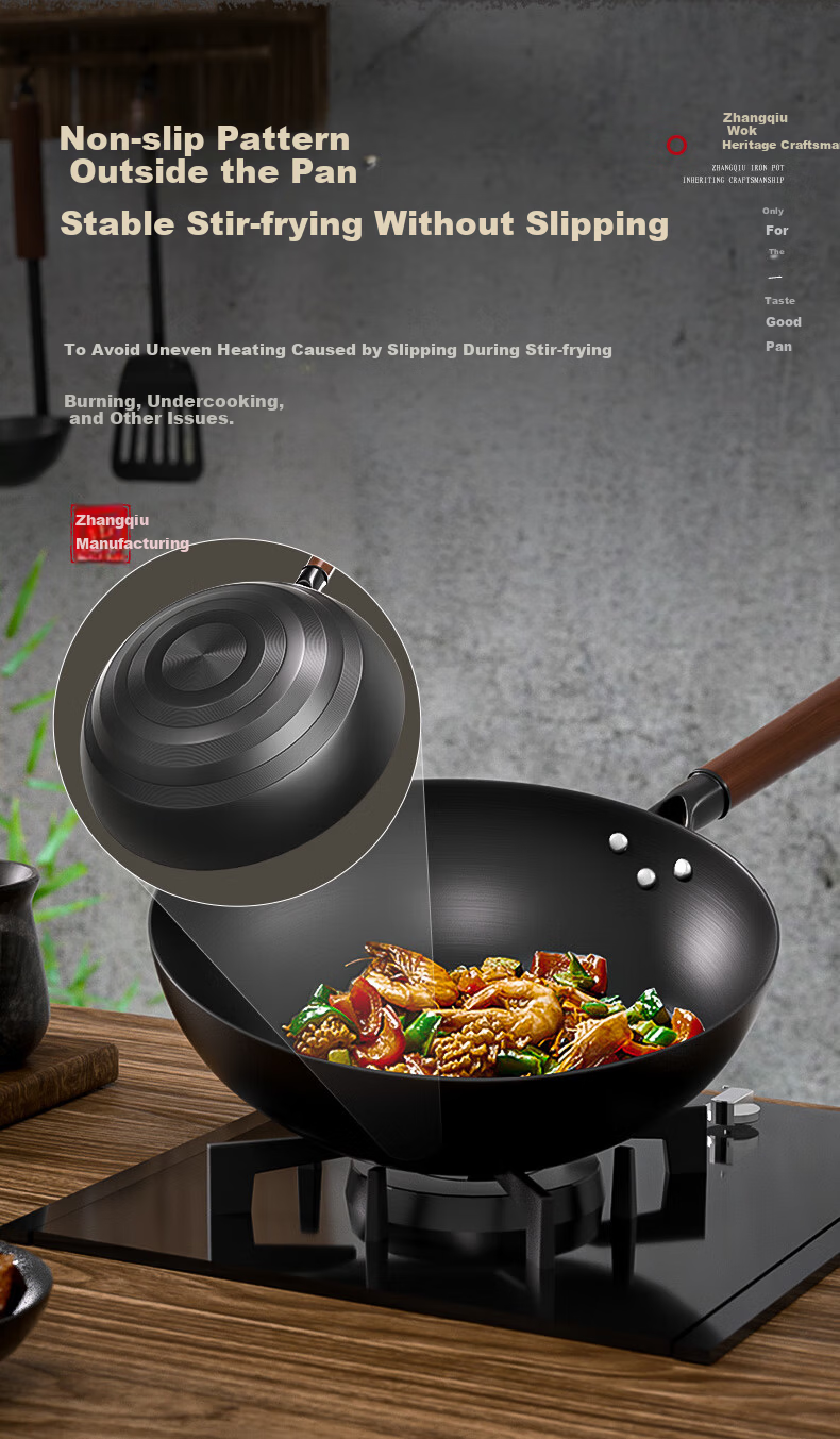 Lao Yiren Iron Wok Zhangqiu Authentic Traditional Uncoated Cast Iron Non-Stick Stir Fry Pan Household Round Bottom Frying Pan for Gas Stove 6