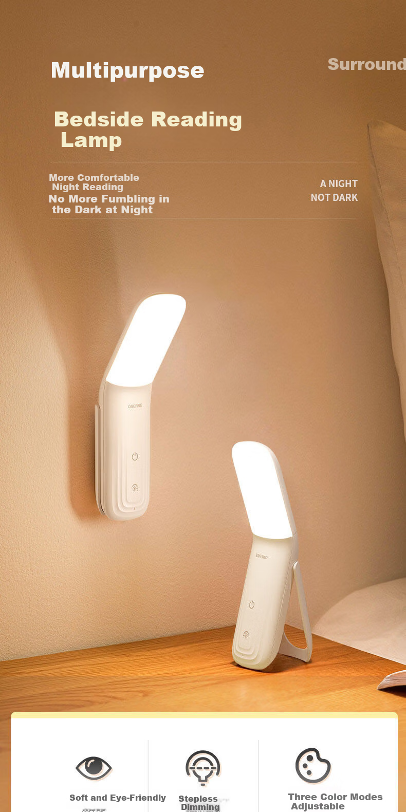 Kuhuo Smart Voice-Controlled Night Light Voice Bedside Lamp Reading Desk Lamp Eye Protection Wall Lamp Bedroom Sleep Rechargeable Wall-Mounted 3