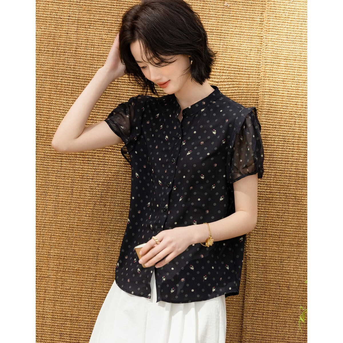 Demana Elegant Urban Summer Fresh Print Stand Collar Lace Sleeve Loose Lightweight Slim Shirt for Women Premium Quality