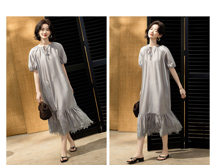 Demana Wrinkled Acetate Summer Vacation Style Tassel V-Neck Lace Splice Loose Mid-Length Women's Dress 11