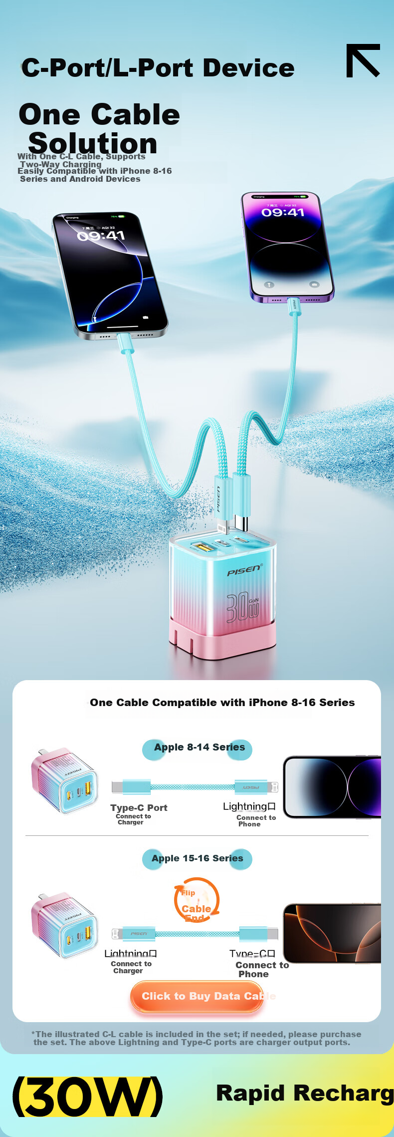 Pisen PD30W GaN Apple Charger, 20W Fast Charging Set, Type-C Charging Head + PD Data Cable, Compatible with Apple IPhone 14/13, Huawei Phones, IPad Plug 3