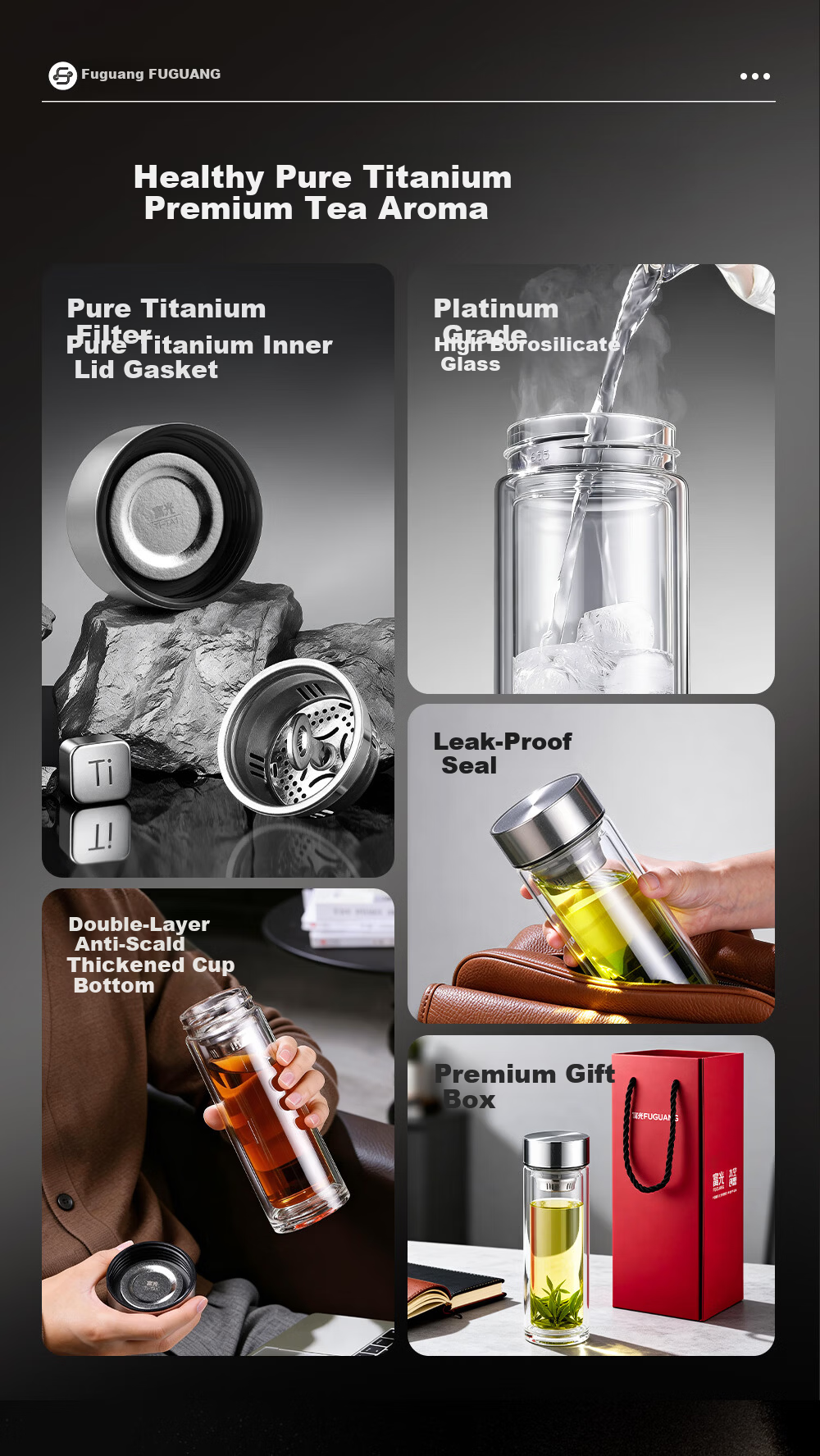 Fuguang Borosilicate Glass Pure Titanium Tea Infuser Double-Layer Business Travel Water Cup Men's Gift Box Set 2