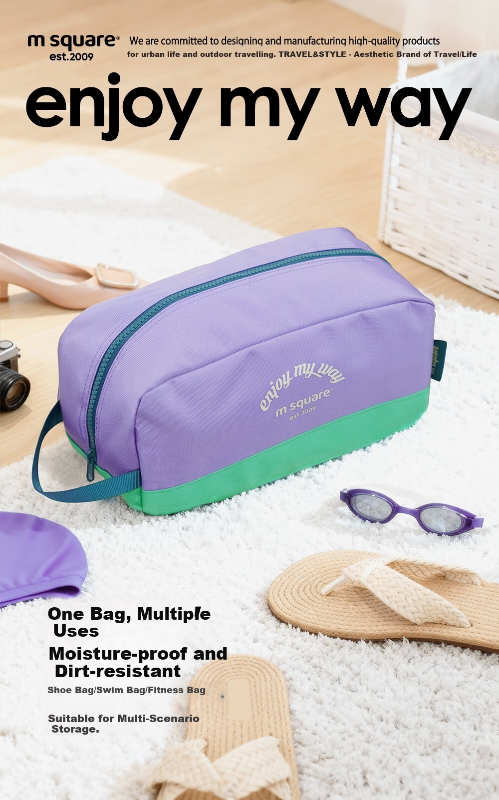 M Square Waterproof Large Capacity Storage Shoe Bag Gym Swimming Toiletry Bag Travel Portable Anti-Dirt Secret Green 1