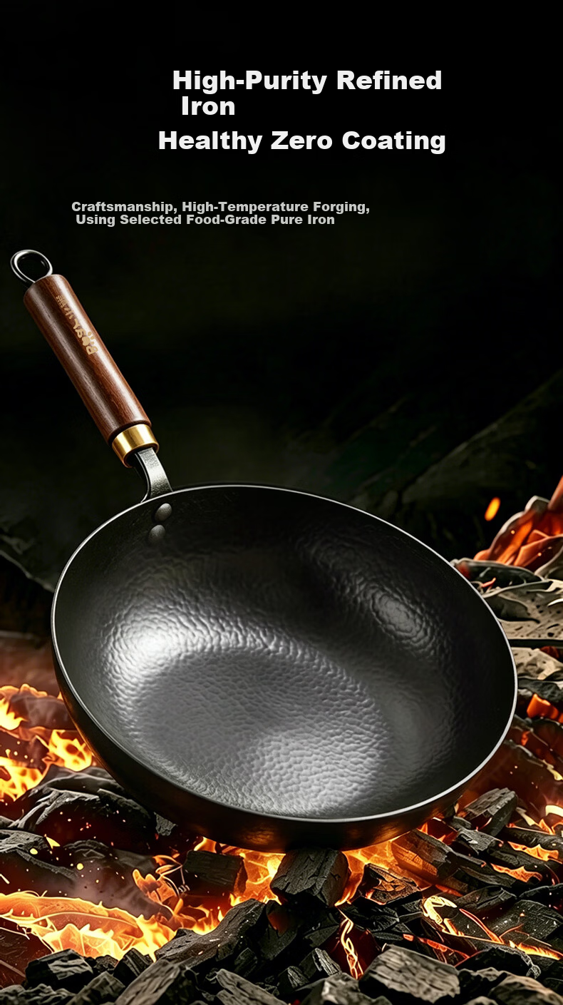 Bear Iron Wok Thickened Hammered Texture Healthy Non-Coated True Stainless Steel 30cm with Solid Wood Lid 3