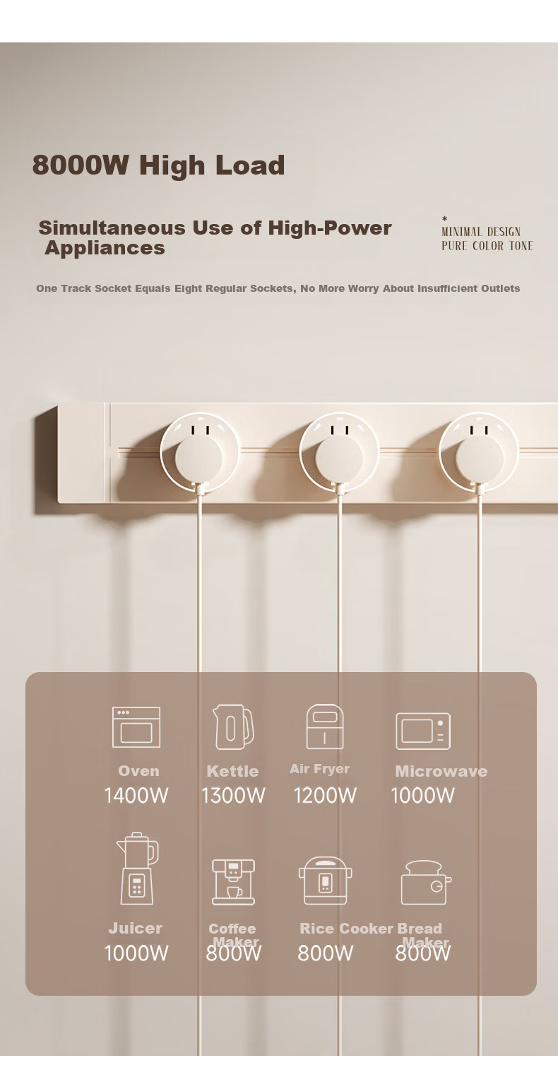 AUX Track Socket Sliding Rail Multi-Functional Power Strip Surface Mounted Wall-Mounted Guide Rail Socket 60cm Track + 5 Black Five-Hole Outlets 10