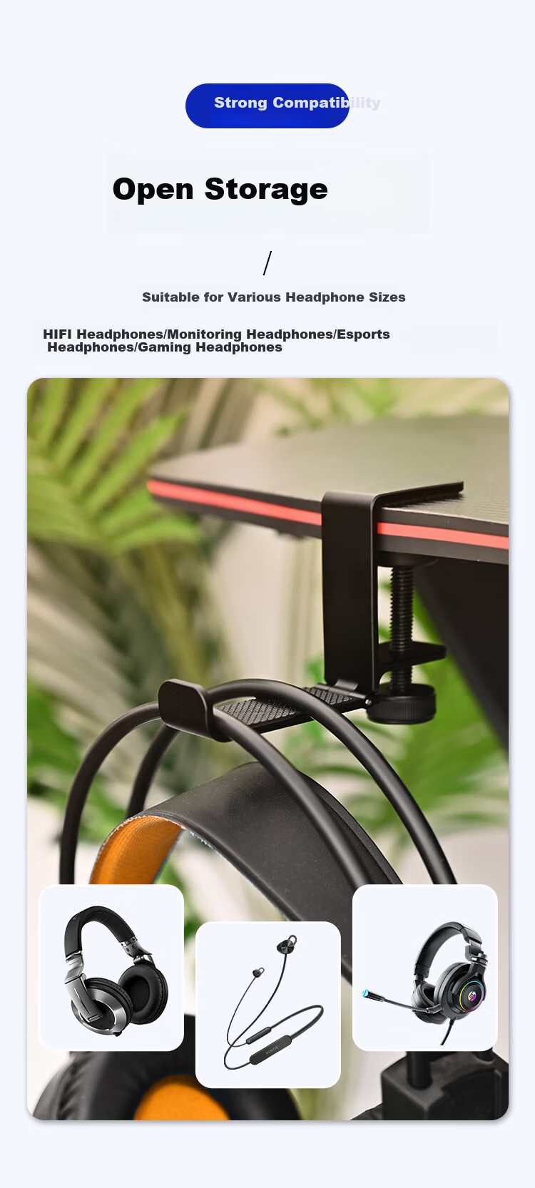 NVV Over-Ear Headphone Stand Multifunctional Gaming Device Storage Headset Hook Metal Clamp Desk Mount Compatible with ROG Razer Aluminum Alloy Foldable Black NG-3 5