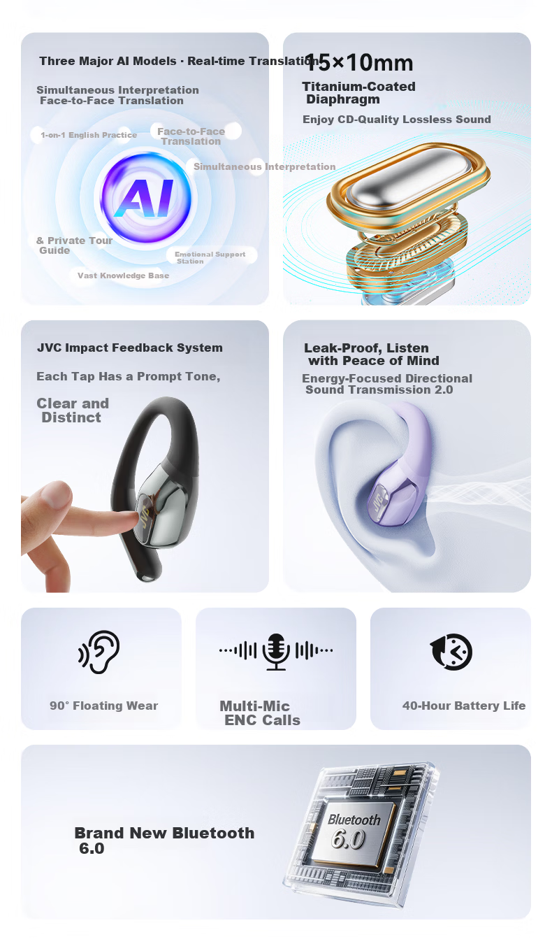 JVC 99th Anniversary Edition HJ-ME20A Tap Control Ear-Hook Bluetooth Earphones Wireless Open Sport Running Call Noise Cancelling Long Battery Life Moonlight White 5