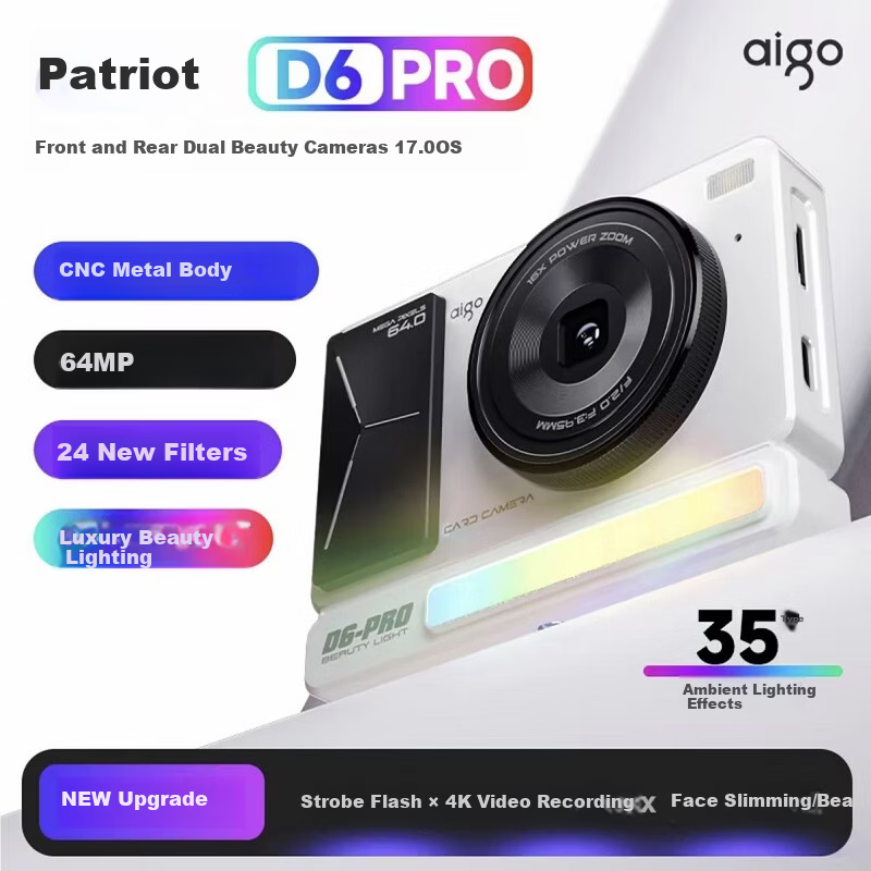Patriot D6PRO Student Digital Camera Dual Lens White 64GB Retro CCD Entry-Level Travel Campus Compact Camera Birthday Gift for Girlfriend Girls Children's Day Gift
