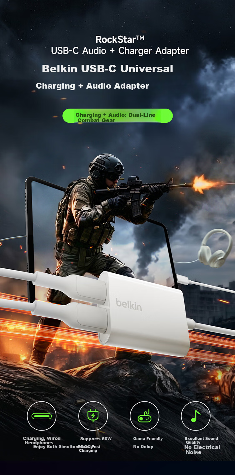 BELKIN USB-C Adapter Splitter for Phone/iPad - Dual Port Charging and Audio for Gaming, Compatible with Delta/King of Glory, Black 1