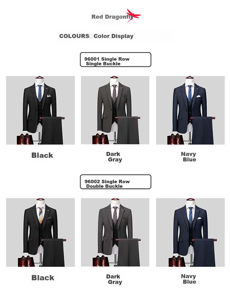 RED DRAGONFLY Men's Business Casual Suit Set Groom Wedding Formal Three-Piece Black XL 6