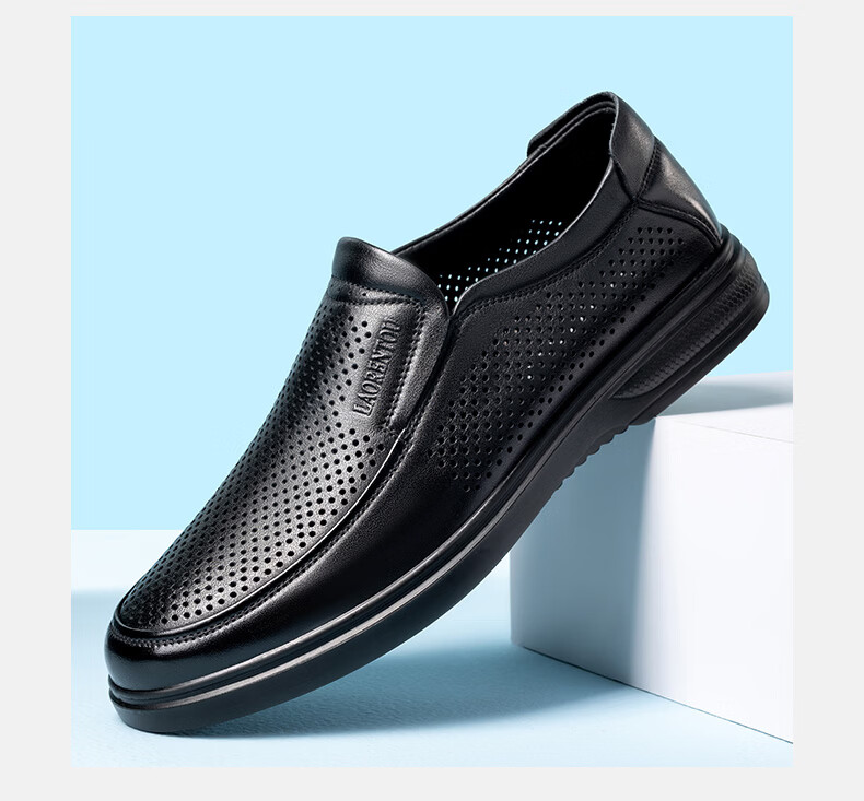 LAORENTOU Men's Summer New Genuine Leather Hollow Casual Slip-On Soft Sole Breathable Perforated Shoes LL175 Black Size 38 11