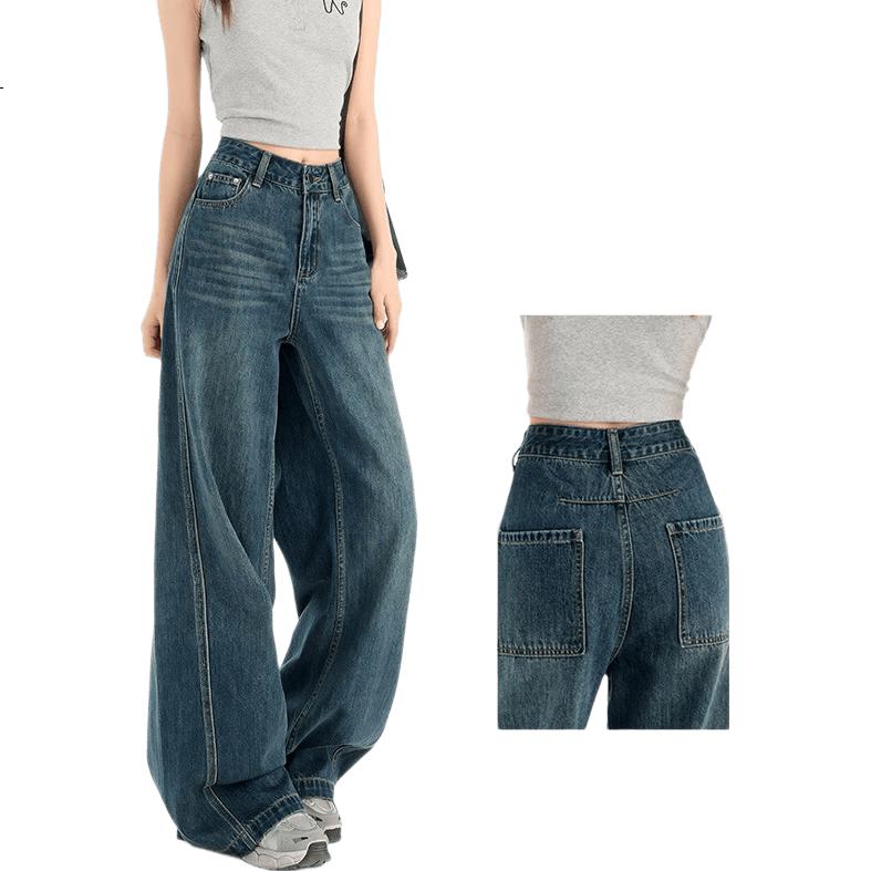 Jeanswest Women's Summer Wide-Leg High-Waist Loose Draped Slimming Floor-Length Straight-Leg Vintage Blue Jeans M