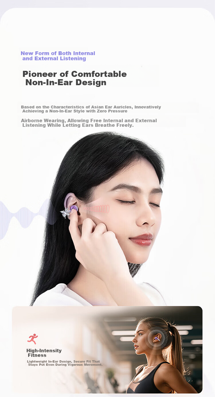 Haiyinlv Melody 01【Exquisite Earrings | Bestselling】2026 New AI Clip-on Wireless Bluetooth Earphones Sports Long Battery Life Bone Conduction Low Latency Black 3