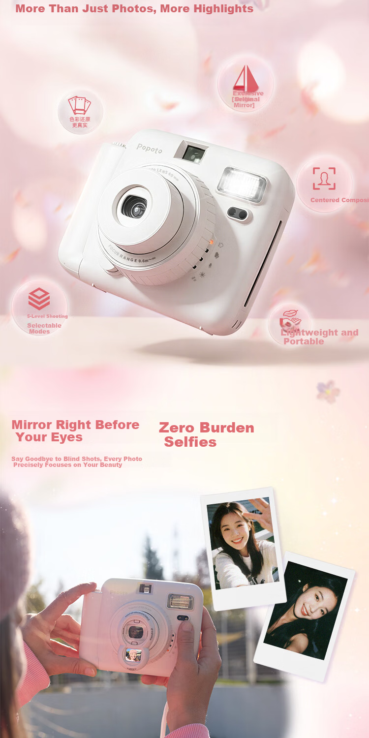 POPOTO Instant Camera Student Selfie Travel Portable One-Time Imaging Camera Gift Box with 10 Photo Papers Rose Blossom Edition 3