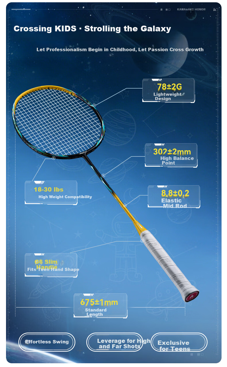 KAWASAKI Badminton Racket Feitian 66 Full Carbon Single Racket 4U Balanced for Attack And Defense Competition Training Racket Canglan Qing (Strung) 4