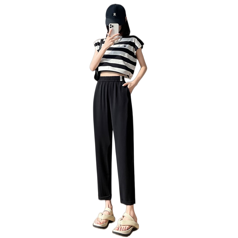 Langsha Women's Summer 2026 New Elastic High-Waist Petite Nine-Point Harem Suit Cigarette Pants Casual Commuter Trousers