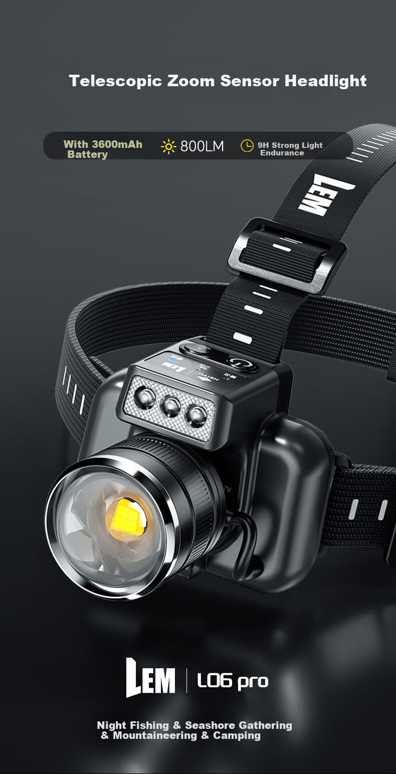 LEM Headlamp Adjustable Focus Sensor Seaside Night Fishing Head-Worn High Brightness Rechargeable Long-Range Waterproof Work Mining Lamp Fishing Light 2