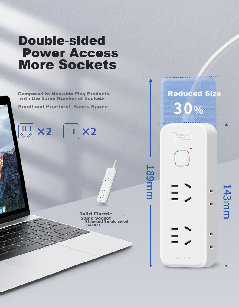 DELIXI New National Standard 3C Certified Side Power Strip Socket Extension Board with 4 Outlets, Master Switch, 2.5m Cord for Home Office Dorm Desktop Use 3