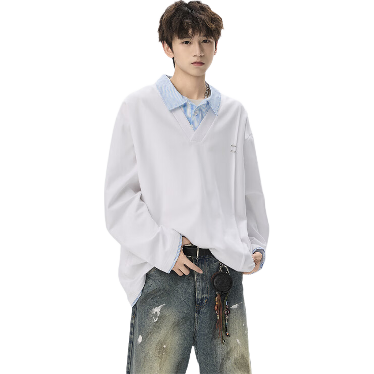 Foss Phil Men’s Spring Autumn Colorblock Layered Collar Sweatshirt Casual Polo Shirt YWY1022 Glacier White M