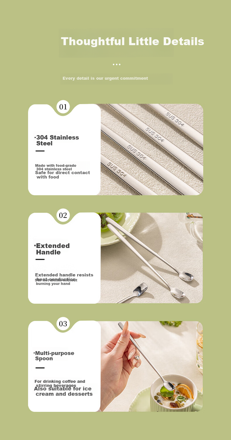 Guangyi 304 Stainless Steel Coffee Spoon Long Handle Small Soup Spoon Honey Stirring Stick Dessert Stirring Spoon 2 Pieces GY7726 13