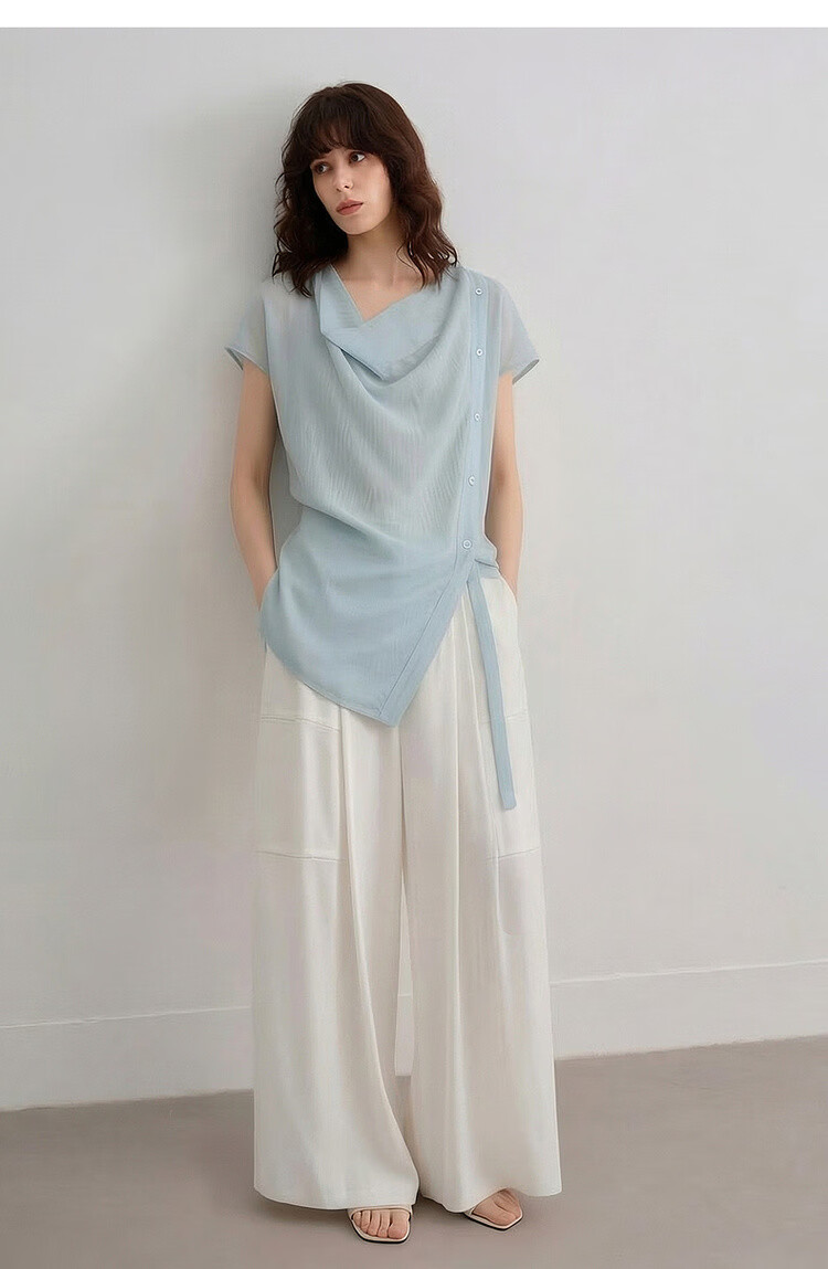 Demana [Translucent Aesthetics] Summer Draped Collar Adjustable Strap Shoulder Short Sleeve Lightweight Loose Slimming Women's Shirt 18