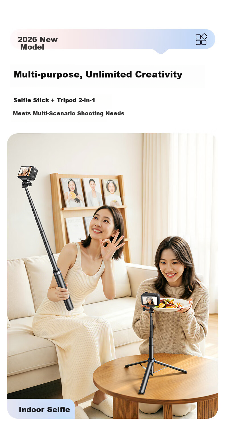 JIAHUACAI 1.6m Extension Selfie Stick Tripod for DJI Pocket4/3, Action6/5Pro, Insta360 Portable Handheld Pole 9
