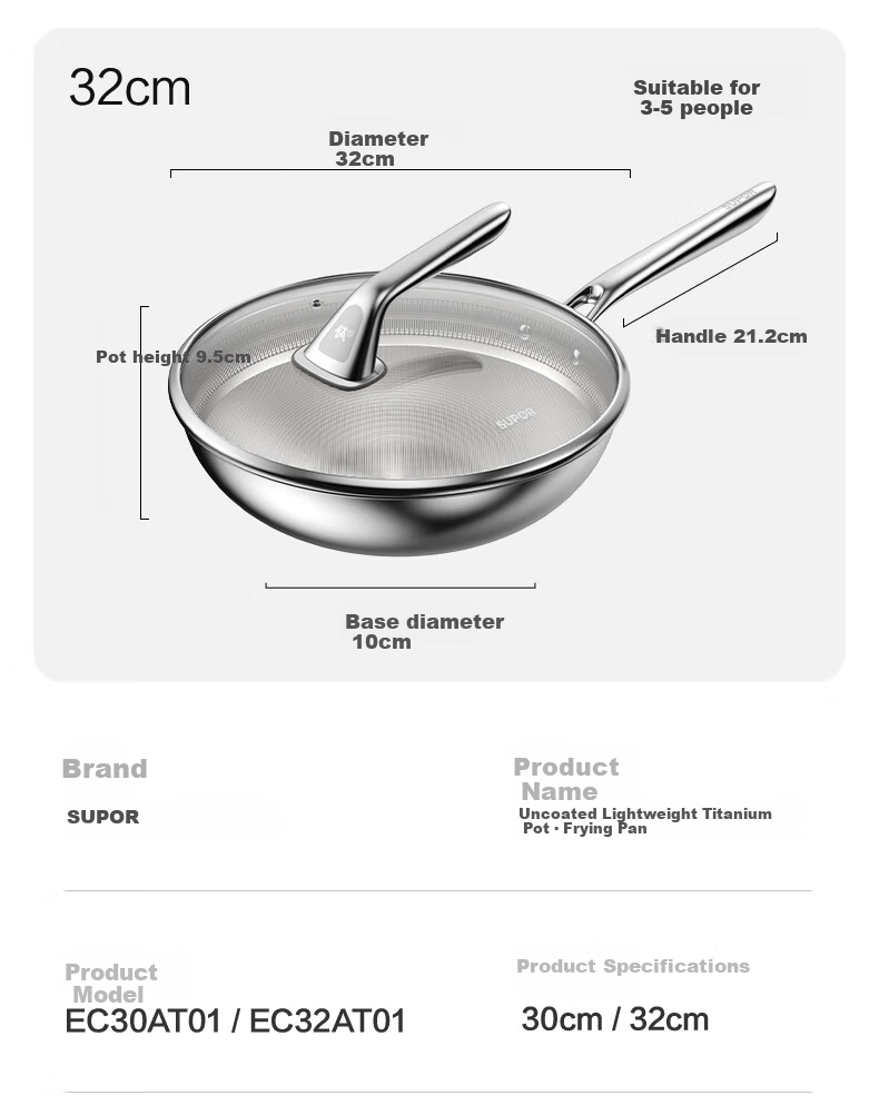 SUPOR Pure Titanium Wok 2nd Generation Non-Coated Healthy Non-Stick Titanium Pan Household Cooking Pot Annual New Release 38