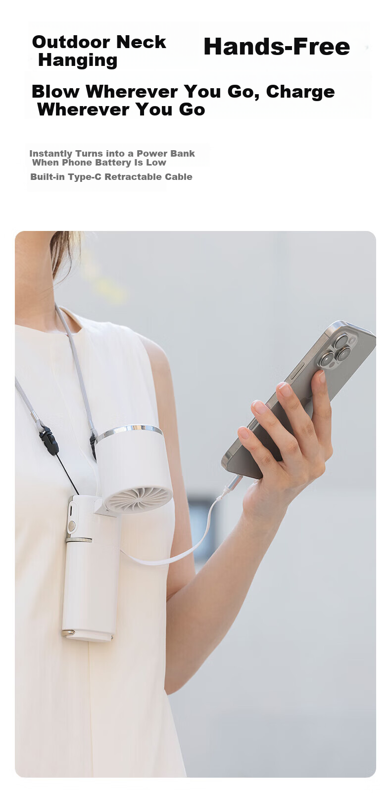Viken Handheld Mini Fan High-Speed Cooling Portable Neck Hanging Small Electric Fan Power Bank 10000mAh for Outdoor Travel 18