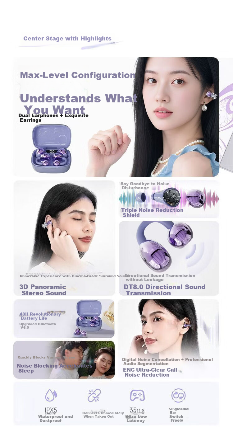 Haiyinlv Q30 [4 Earphones + Exquisite Earrings] 2026 New Clip-On Sleep Wireless Bluetooth Earphones Long Battery Life High-Quality Sound Sports Running Low Latency Universal Skin Color 6