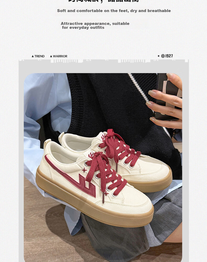 Warrior Official Women's New Versatile Sneakers 2026 Summer Classic Simple Breathable Canvas Shoes Women Beige Red Size 35 3