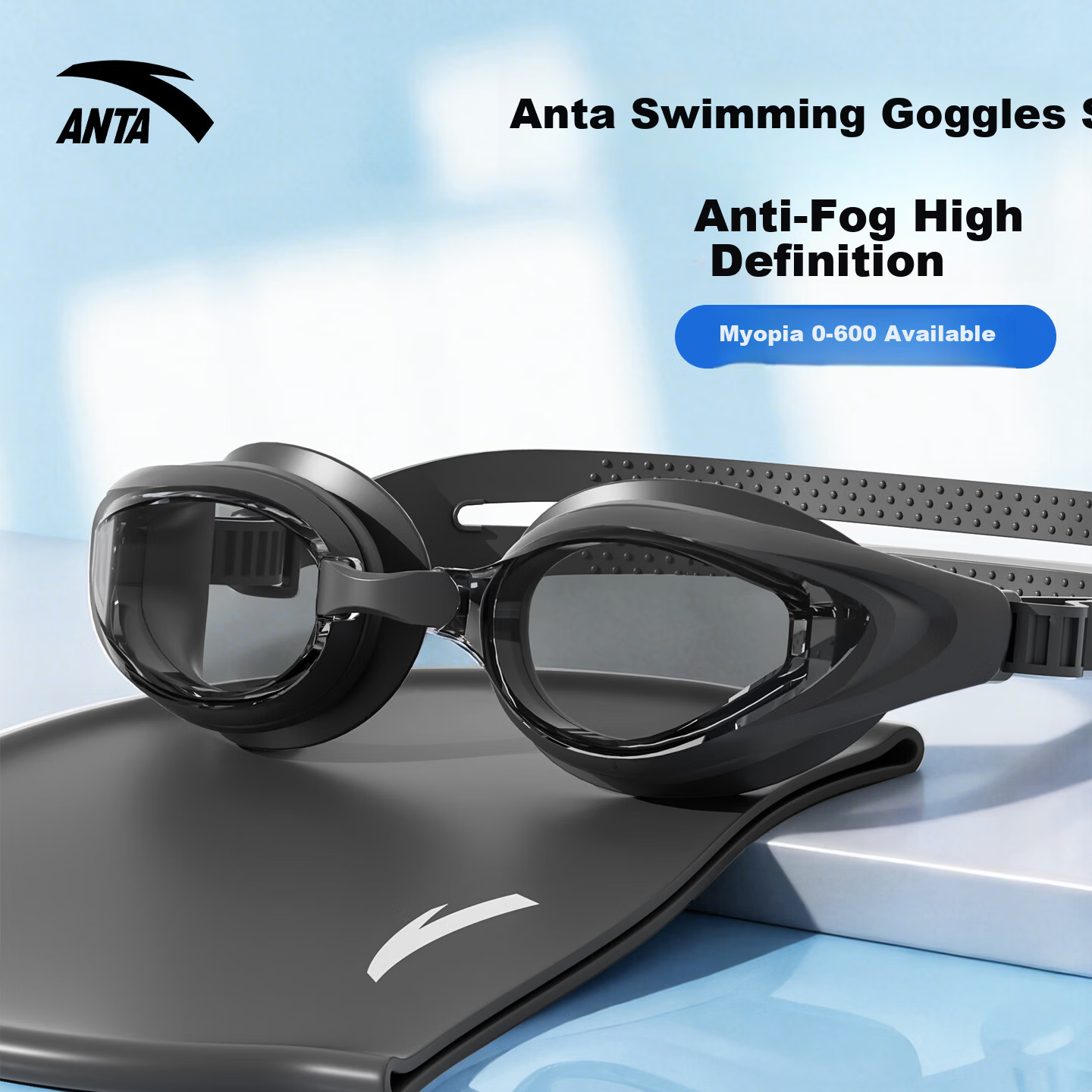 ANTA Swimming Goggles And Cap Set for Men And Women, High-Definition Professional Swimming Glasses with Anti-Fog Coating for Nearsightedness, Swimming Equipment, Obsidian Black