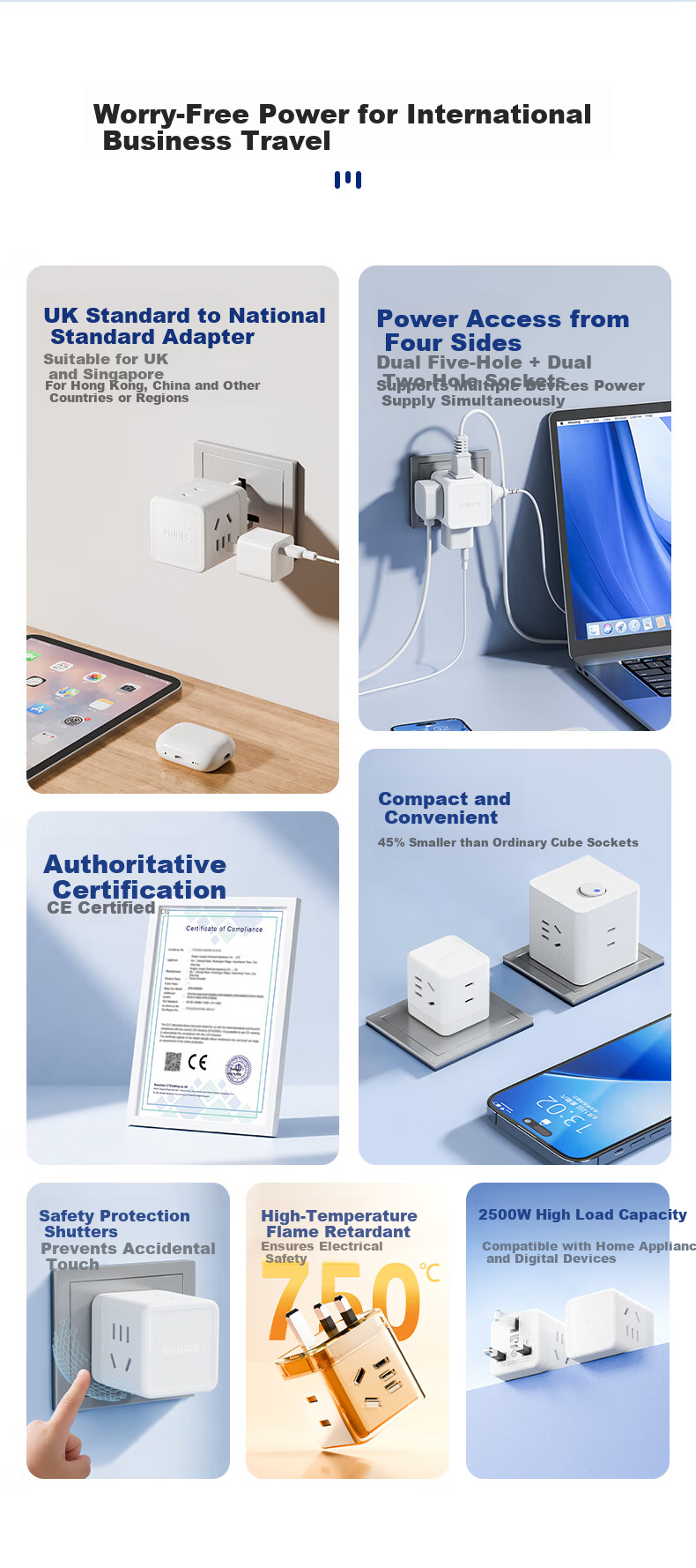 PHILIPS 4-Port Cube Travel Power Strip UK Plug Adapter Socket Converter for Ireland Singapore Hong Kong 2