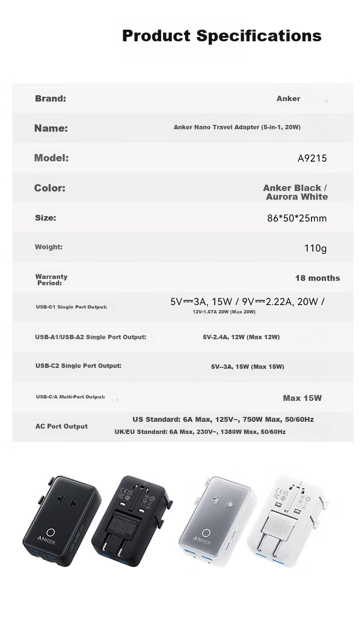 ANKER Multi-Country Travel Adapter UK EU US AU Universal Worldwide Power Socket Charger Black 19