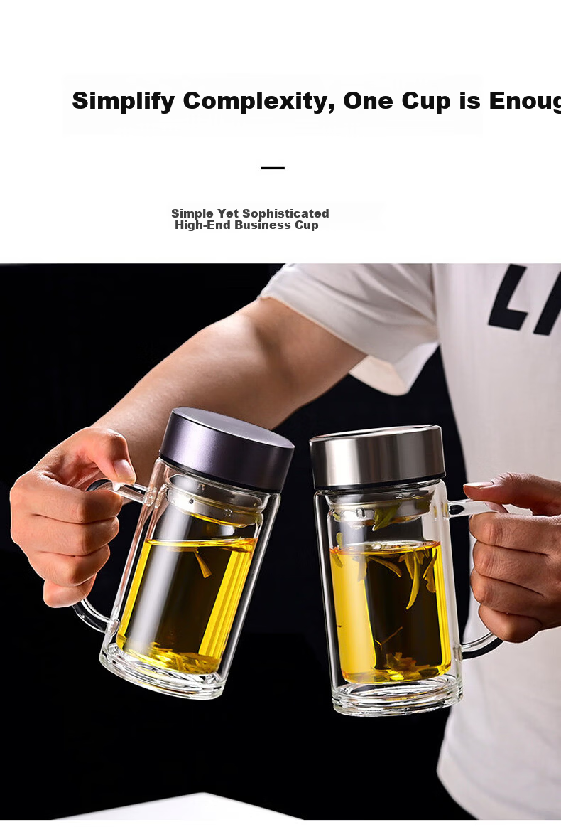 Jiwusenlin Double Layer Glass Business Tea Cup Large Capacity Office Meeting Water Cup with Handle 380ml 5