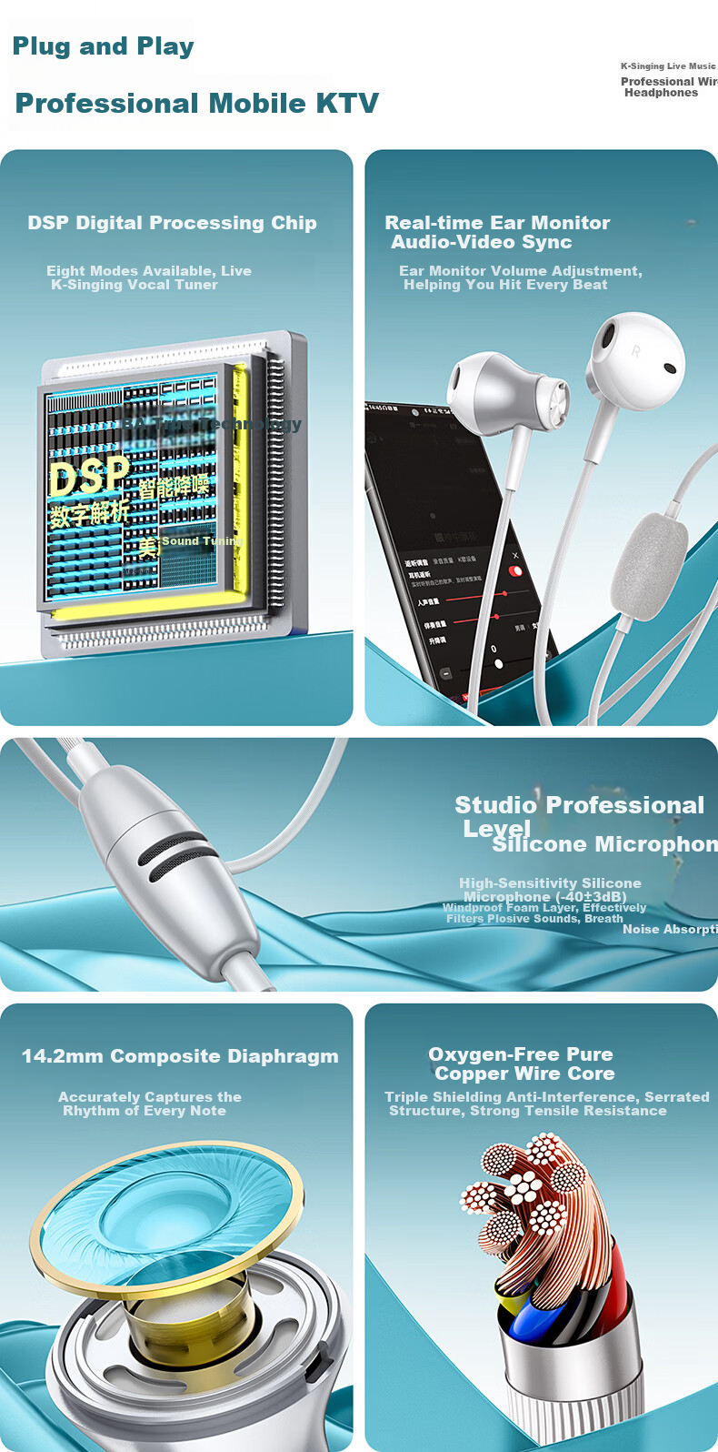 EZHK Popular Type-C Wired Singing Earphones with Built-in Sound Card and Ear Monitor for K-Singing Live Streaming Microphone 5