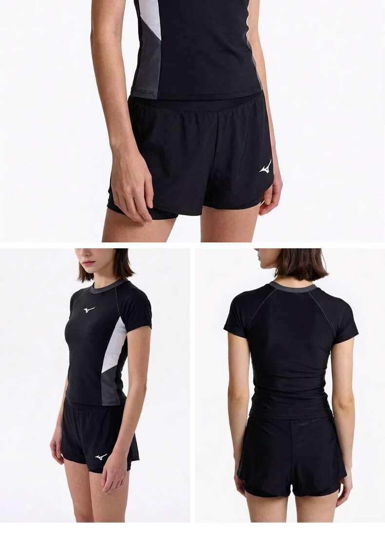 MIZUNO Women's Two-Piece Sun-Protective Short Sleeve and Shorts Swimsuit Slimming Quick-Dry Sports Swimwear GC310 Black 2XL 8
