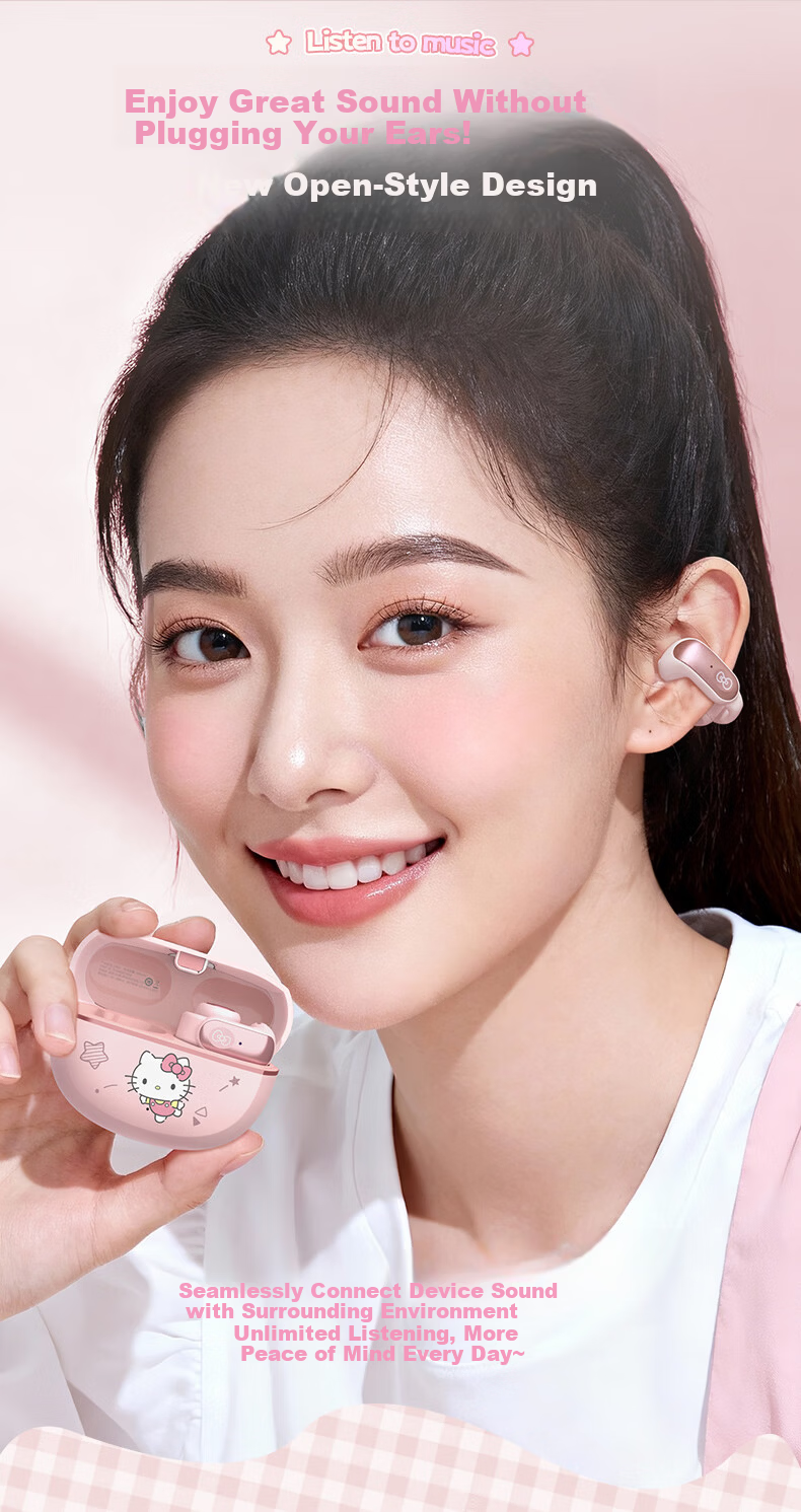 Chenfeng Sanrio Open-Ear Clip-On Bone Conduction Bluetooth Wireless Sports Running Earphones Ear-Hook Comfortable for Women Long Wear No Pain Student Birthday Gift SR31 4