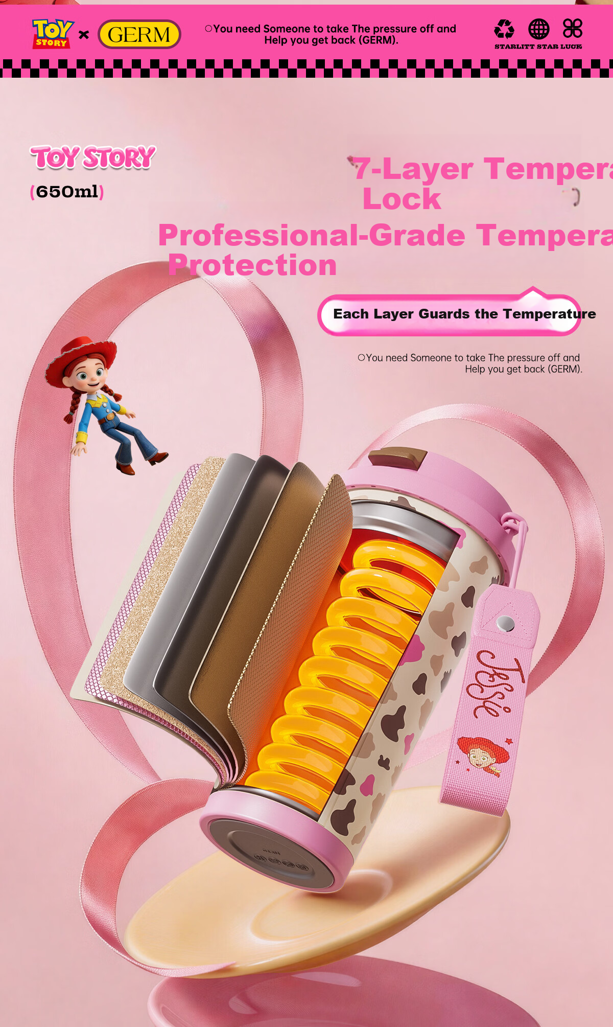 Germ Toy Story Kids Insulated Water Bottle with Straw, Dual-Use Coffee Cup, Portable 580ML, Tris Pink 6