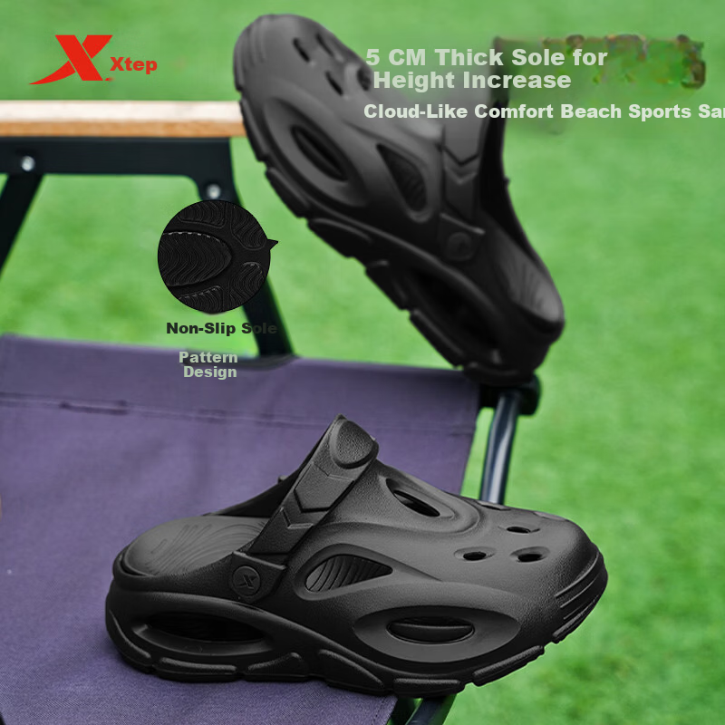 XTEP Men's Hole Shoes Beach Sandals Dual-Purpose Summer New Sports Sandals Black 047 Size 40-41