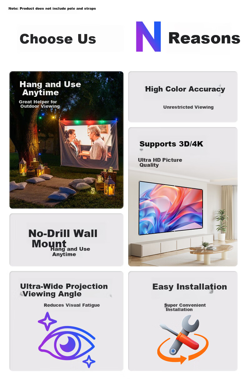 PInYUE 100-inch 16:9 Projection Screen Wall-Mountable White Screen 4K HD No-Drill Foldable Outdoor Portable Screen Compatible with XGIMI, JmGO, Dangbei Projectors 1