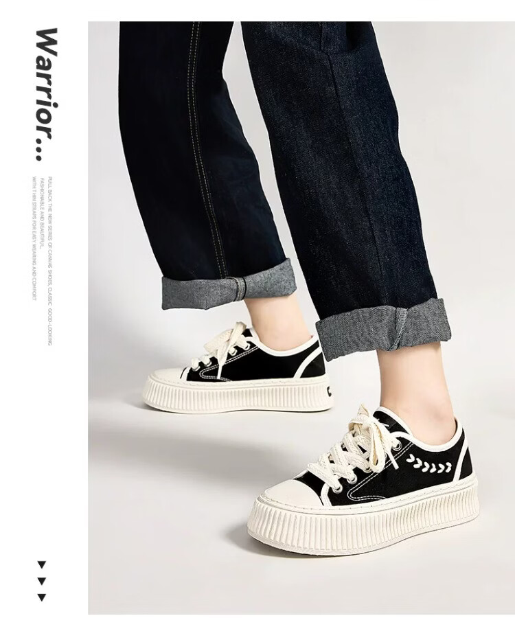 Warrior Women's Canvas Shoes 2026 Summer New Breathable Thick Sole Casual Sneakers 1834 Black Beige Size 39 13