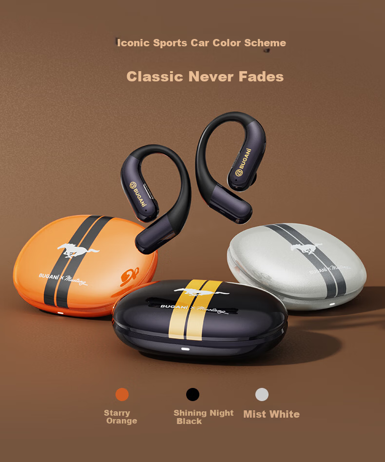 BUGANI Free B16 Ford Mustang Edition Bluetooth Earbuds Open-Ear Wireless AI Simultaneous Translation Sports Running Earphones Yao Ye Black 6